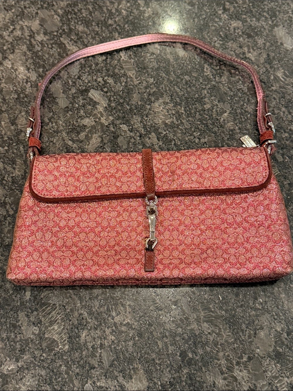 Coach Pink Patterned Shoulder Clutch with Silver Hardware